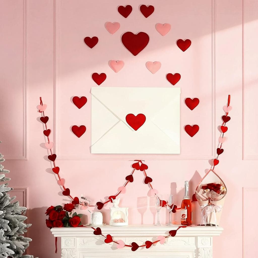 Conjunto de Decoração com Envelopes Grandes de Feltro, Envelopes Brancos para Parede e Lareira, Cordões de Corações, Gui