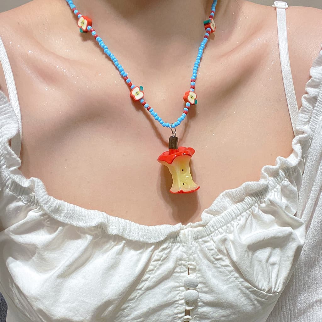 Colar Exclusivo Com Pingente De Núcleo De Maçã , Corrente Colorida Miçangas , Joias Fofas Em Formato De Fruta Para Mulhe