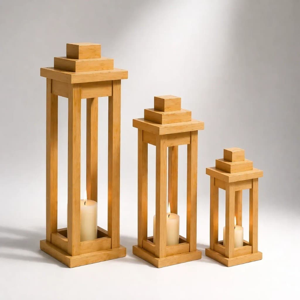 Trio Lanterna Decorativa Madeira Pinus Grande Médio Pequeno Design Moderno Decoração
