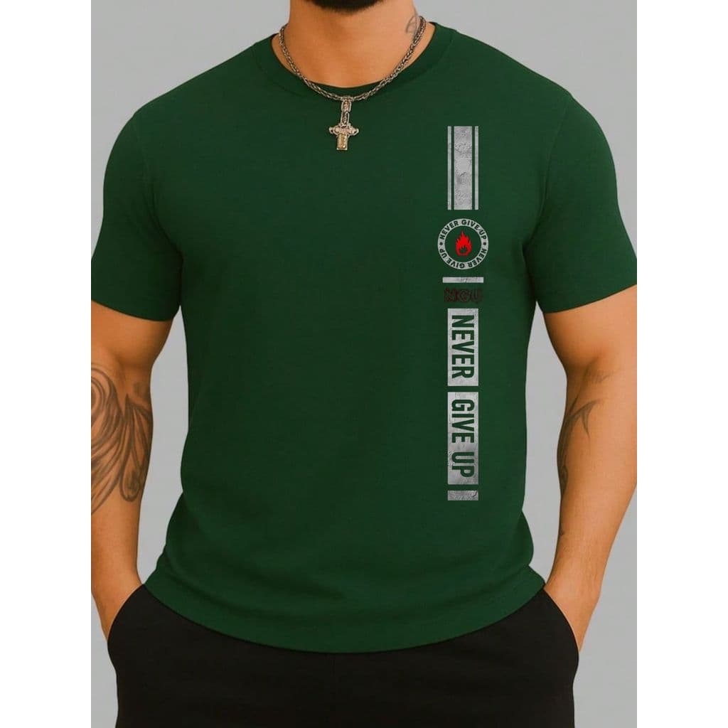 Camiseta Masculina Com Faixa Lateral Never Give Up Camisa Manga Curta 100% Algodão Streetwear