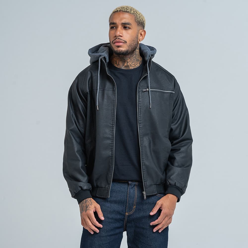 Jaqueta PU Masculina Preto Com Capuz Moletom