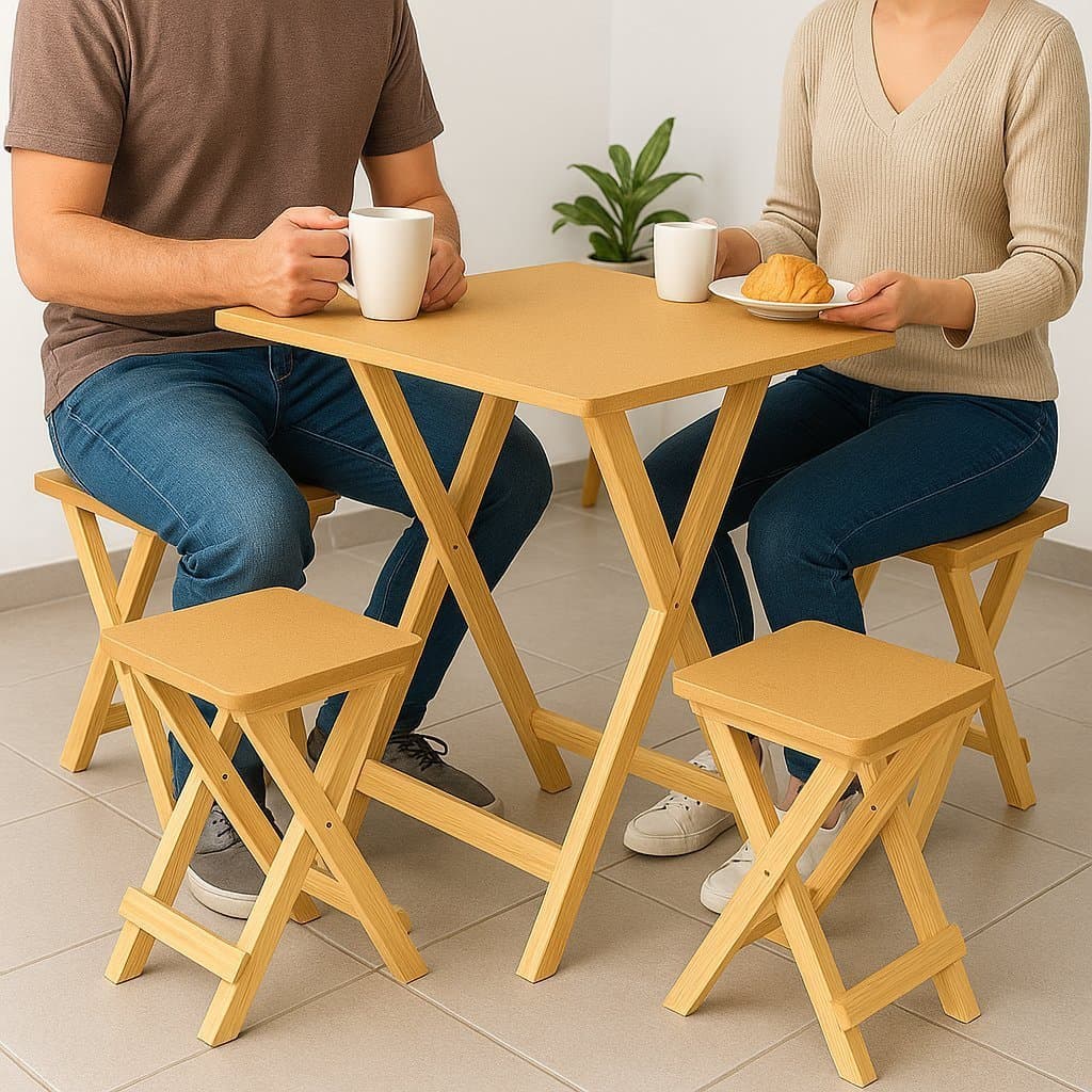 Conjunto Mesa Dobrável com 2 Banquetas – MDF e Pinus – Ideal para Varanda e Churrasco