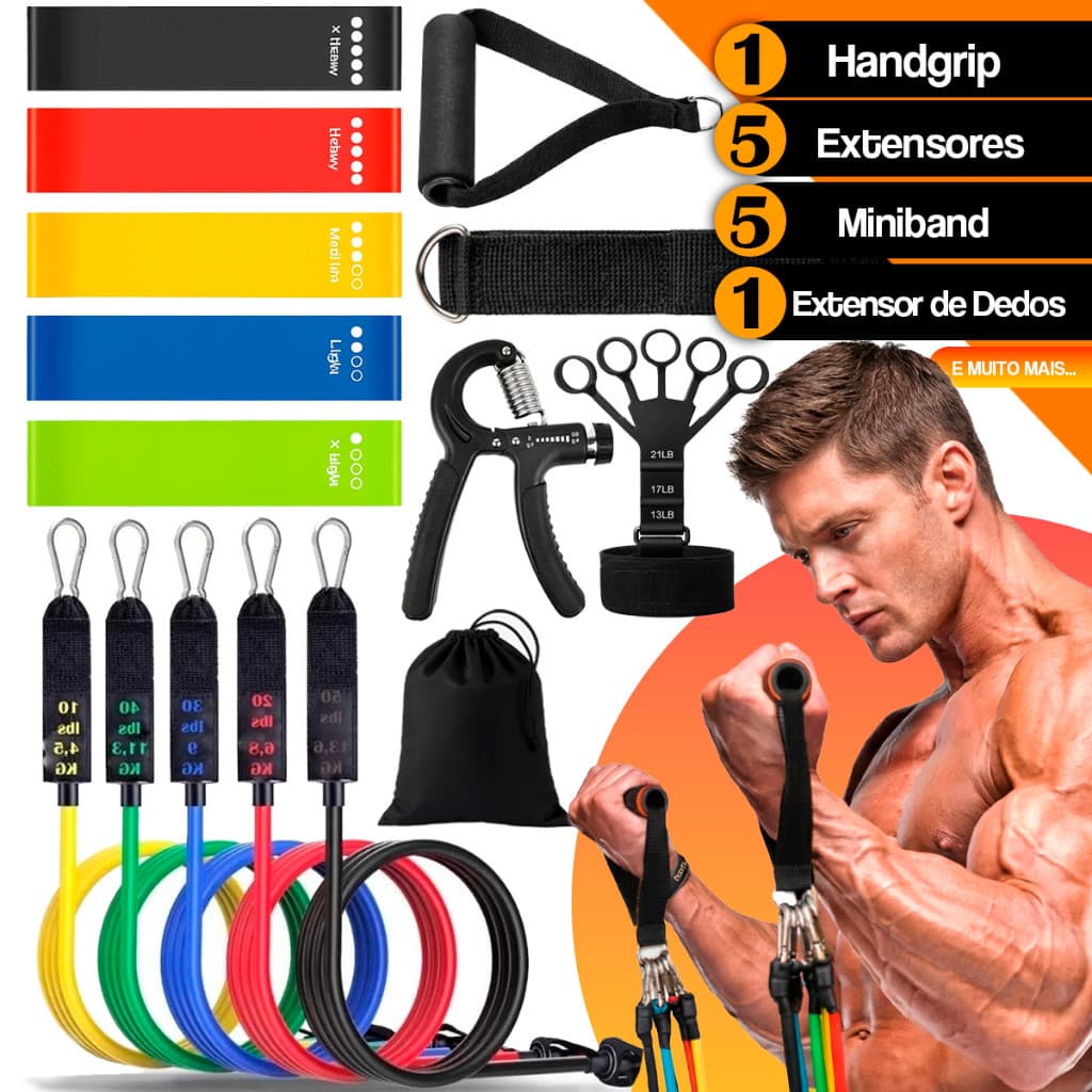 Kit 11 Elástico Extensor Faixa Elástica + 5 Mini Bands