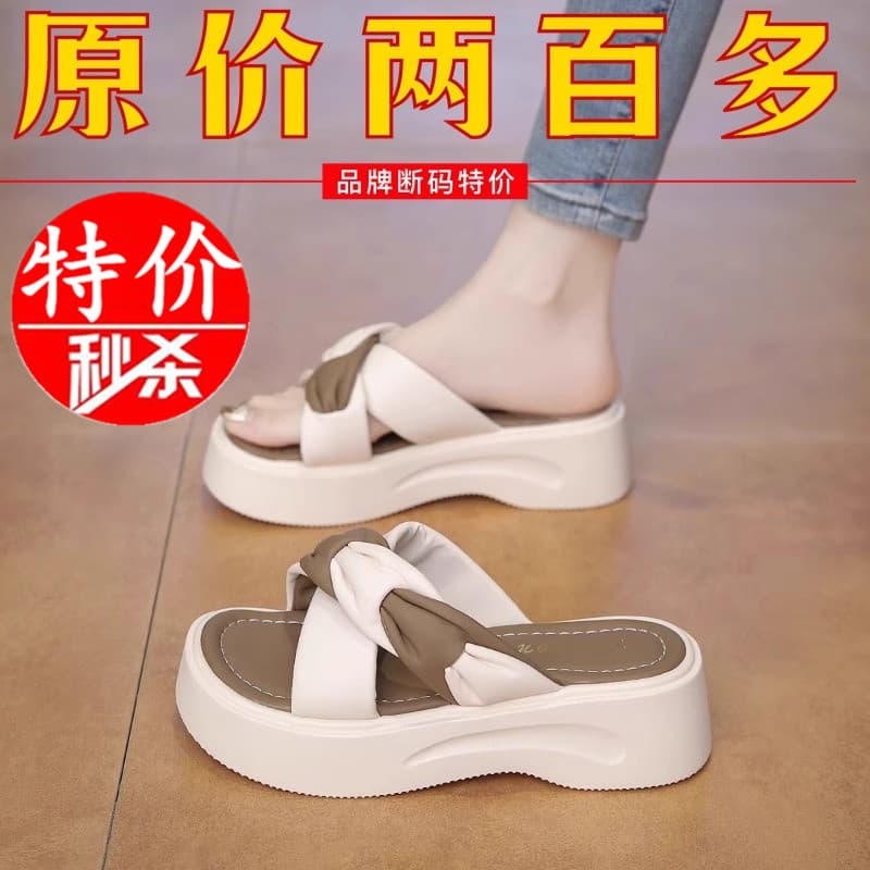 Couro completo de couro genuíno exterior usar chinelos feminino 2025 verão novo estilo moda tecido sola grossa sandália