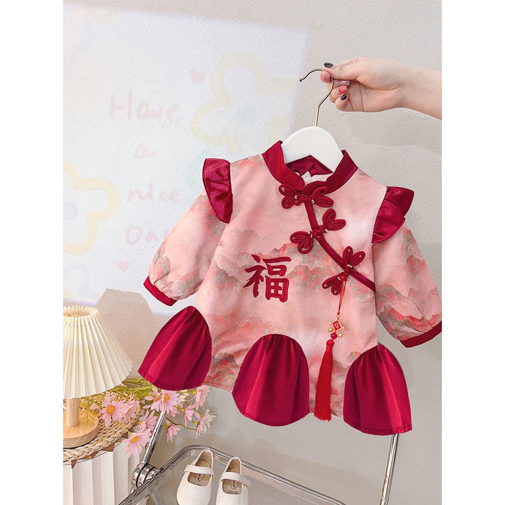 Cheongsam meninas outono inverno forro de lã saia moda crianças estilo chinês Hanfu um ano de idade bebê roupas de inver