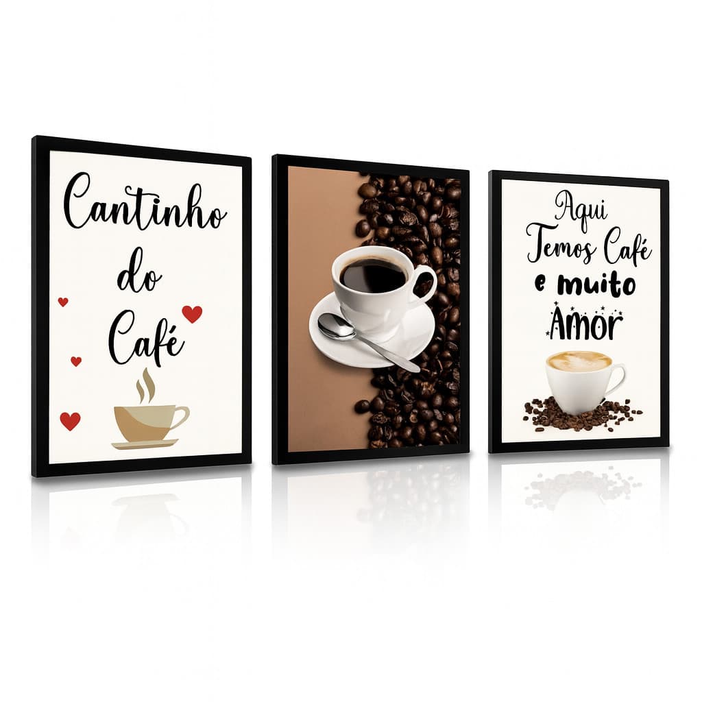 Kit Quadros Decorativos 3 Peças Cantinho do Café Amor Coffee Cafeteria Cozinha Padaria Restaurante