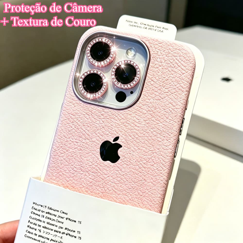 Capa 2 em 1 com Proteção de Câmera Brilhante e Textura de Couro iPhone 11 12 13 Pro 14 Normal 15 16 17 Air Plus Promax