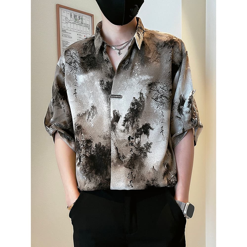 Novo estilo chinês estilo nacional camisa masculina de manga curta Casual rufião bonito tinta Tie-Dye camisa 2026 novo e