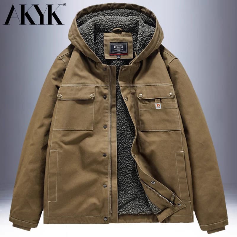 AK inverno cordeiro velo algodão acolchoado jaqueta masculina com capuz velo acolchoado jaqueta solta Multi-bolso ferram