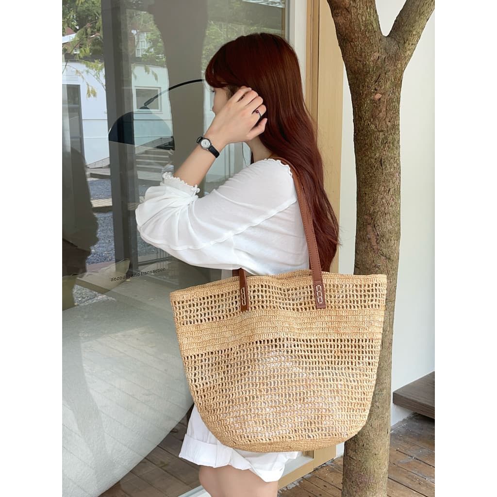 CHAWOOL bolsa de tecido de ráfia de um ombro, grande capacidade, estilo simples de férias, lazer, bolsa de praia, verão