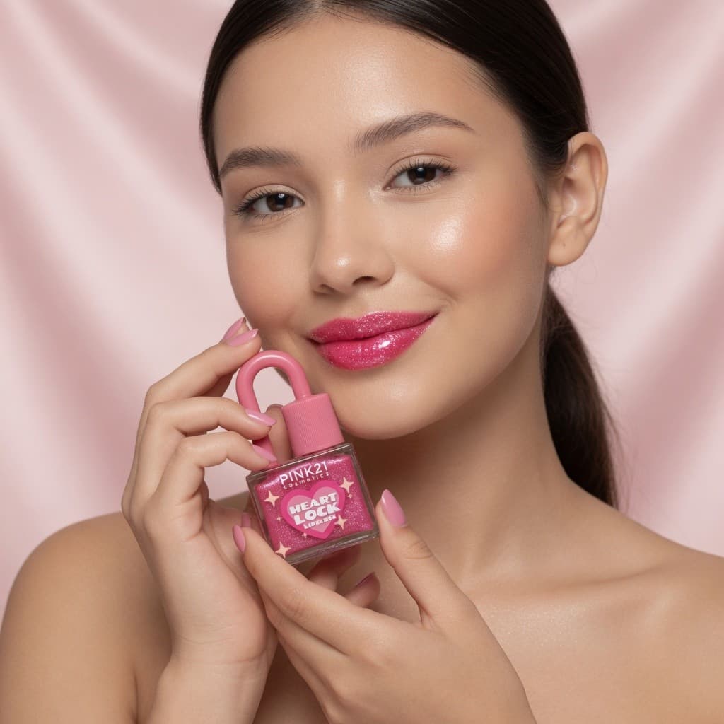 Gloss Labial Pink 21 Heart Lock Design Cadeado Cores Lindas - Brilho Espelhad