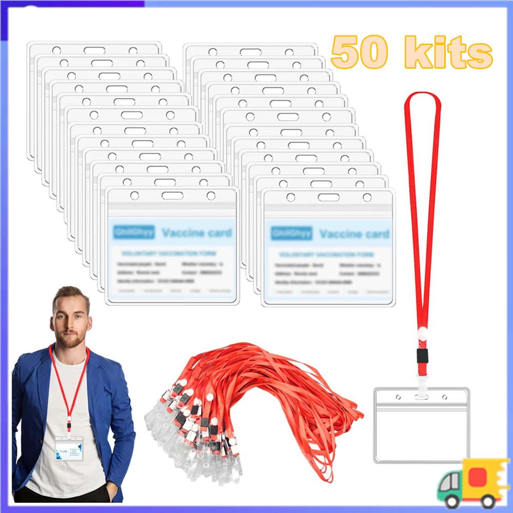 Porta-cartões de crachá à prova d'água + cordão vermelho, suporte de identificação Horizontal de PVC, conjunto de 50 peç