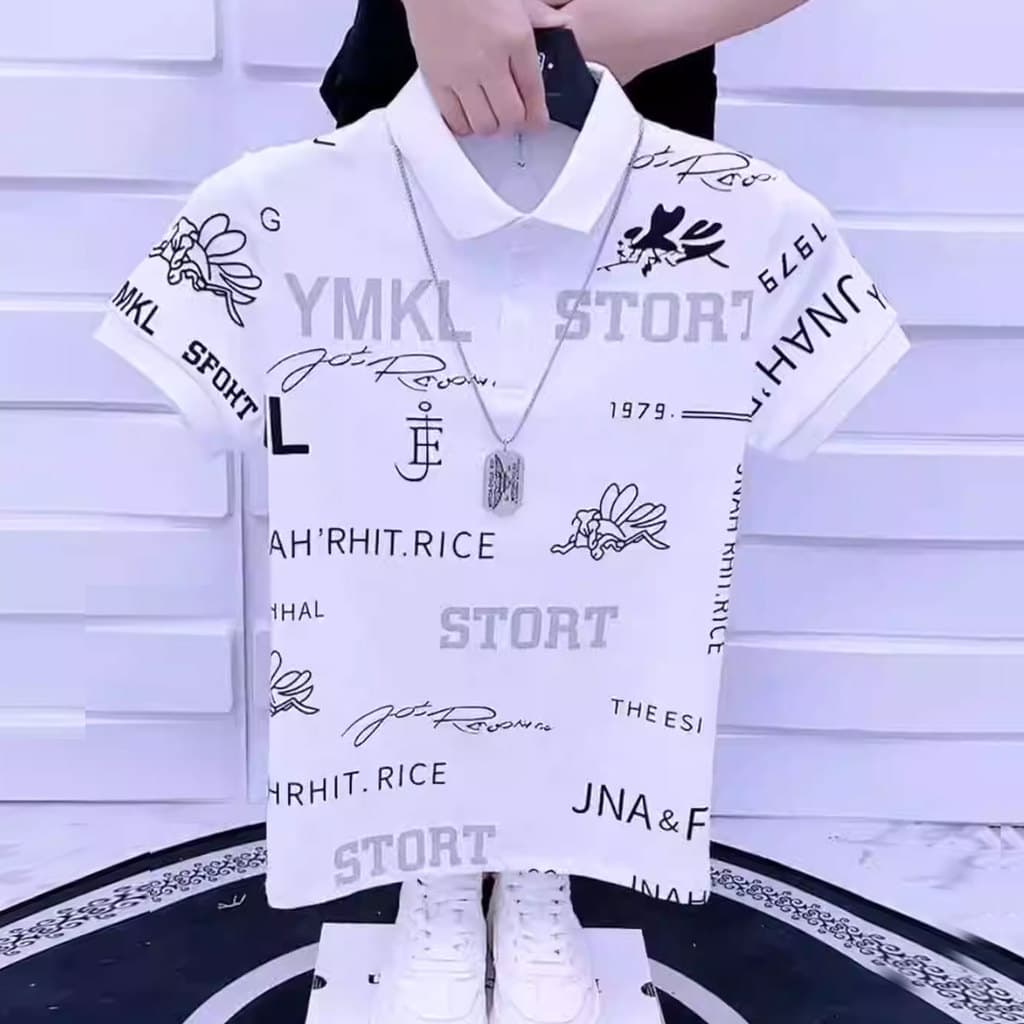 Camisa POLO de verão masculina de manga curta única moda impressa influenciador meia manga versão coreana na moda rufião