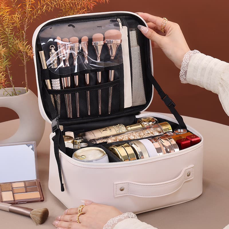 Bolsa cosmética pu com divisória multicamadas de alta aparência, bolsa de higiene portátil multifuncional de grande capa