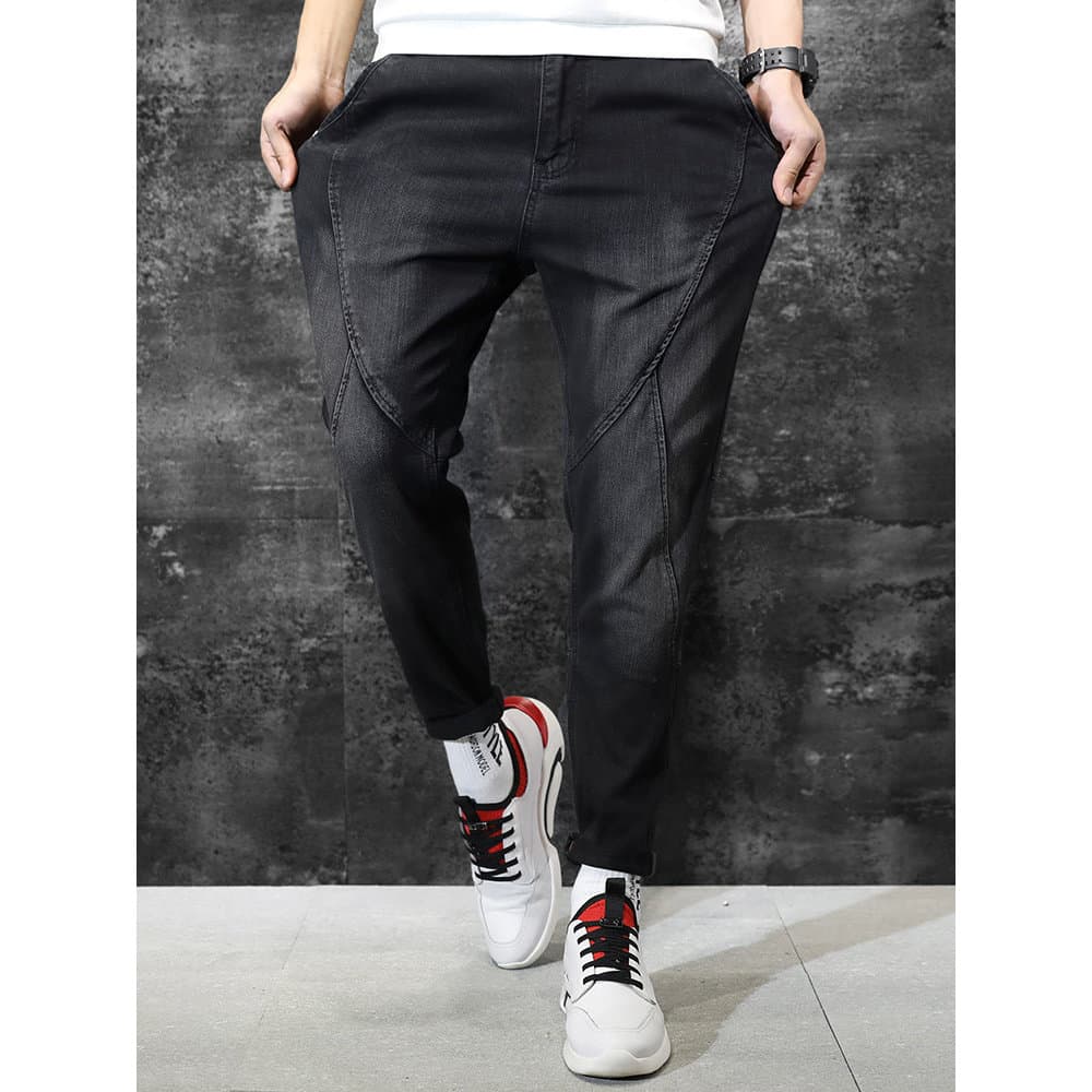 Calças de brim elásticas masculinas calças de perna solta outono inverno preto magro Harem calças genuínas casuais calça