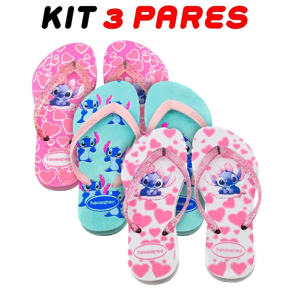 Kit 3 Chinelos Infantil Menina Havaianas Stitch