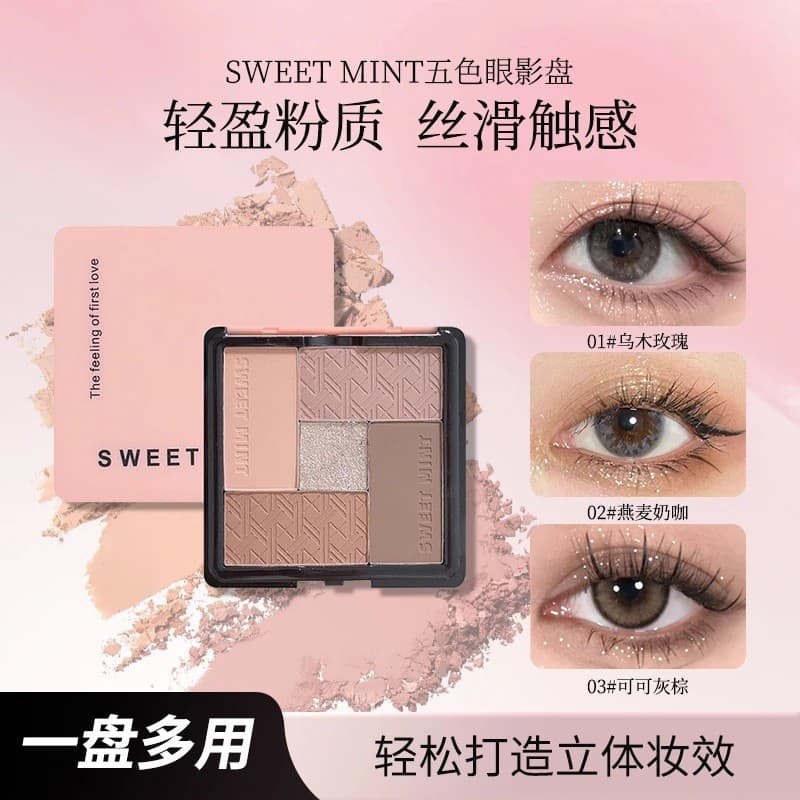 Paleta de sombras de cinco cores de menta doce diária fosca cor terra prato Blush alto brilho contorno lantejoulas novat