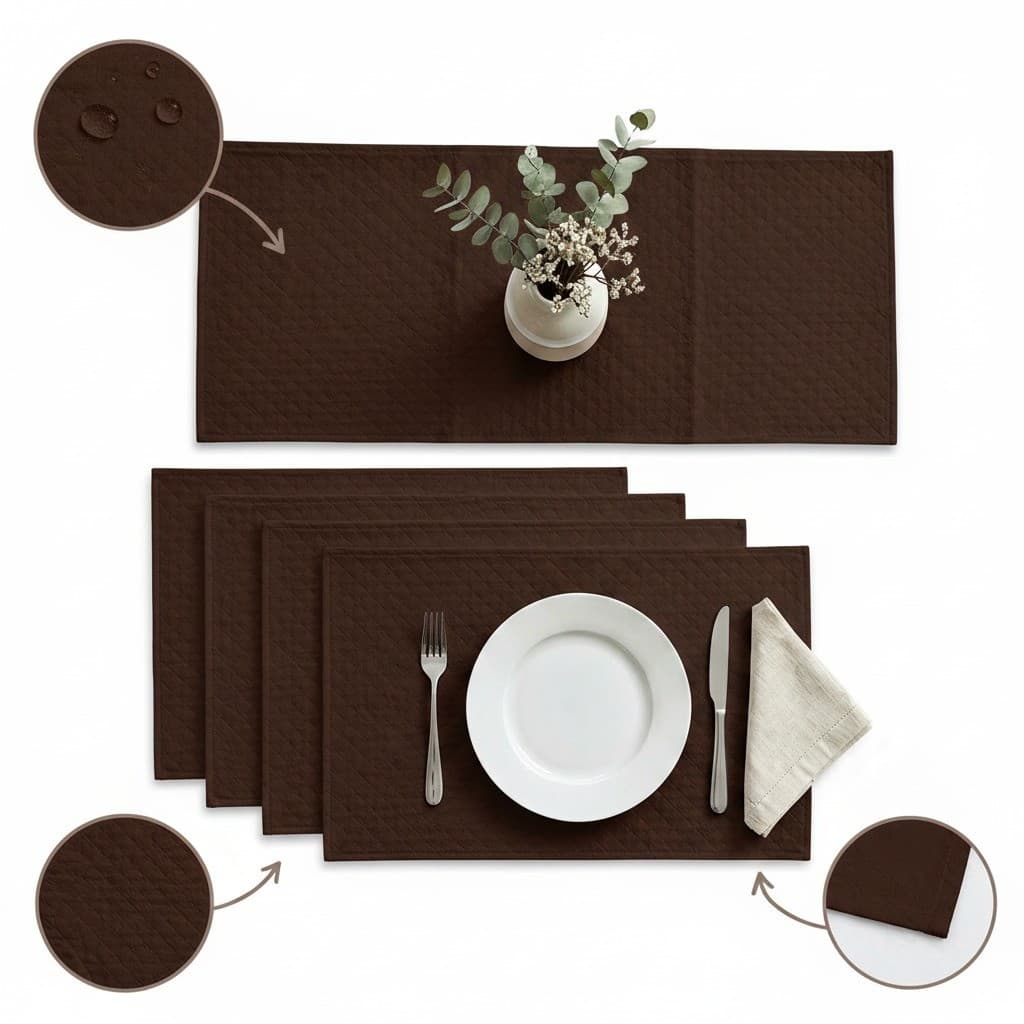 Kit jogo americano Impermeável 4 lugares+ Caminho de Mesa Fácil Limpeza – Jogo Americano Mesa Posta  Marrom