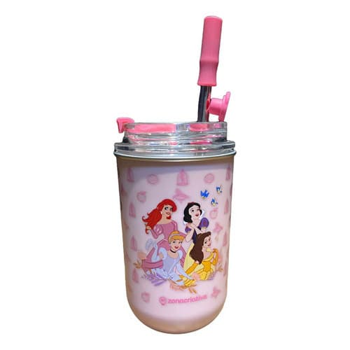 Copo Infantil Térmico com Canudo Não Vaza Princesas Disney Fofo Rosa Princesas
