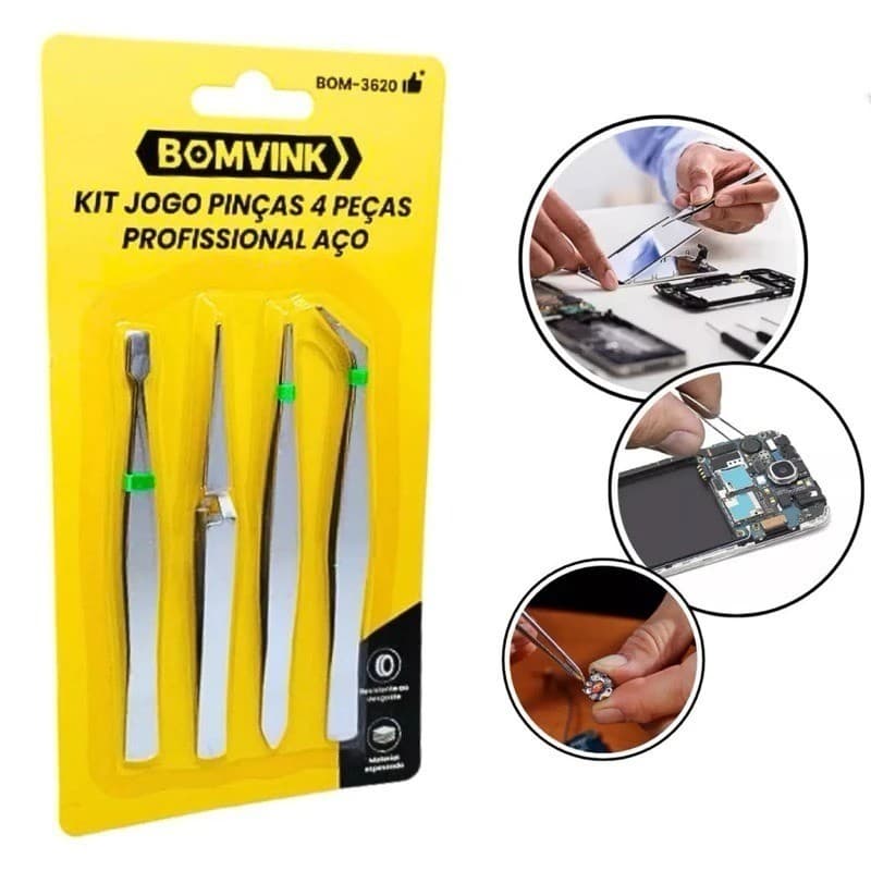 Kit Pinças Profissionais BOMVINK com 4 Peças de Aço Inoxidável - BOM - 3620
