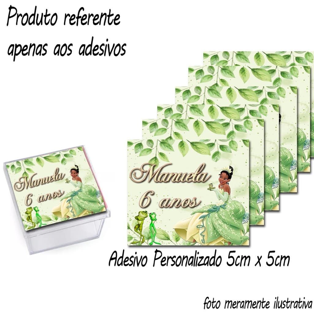 Adesivos personalizados 5cm x 5cm Tema A Princesa e o Sapo Tiana / Tiana Baby para caixinha Acrílica