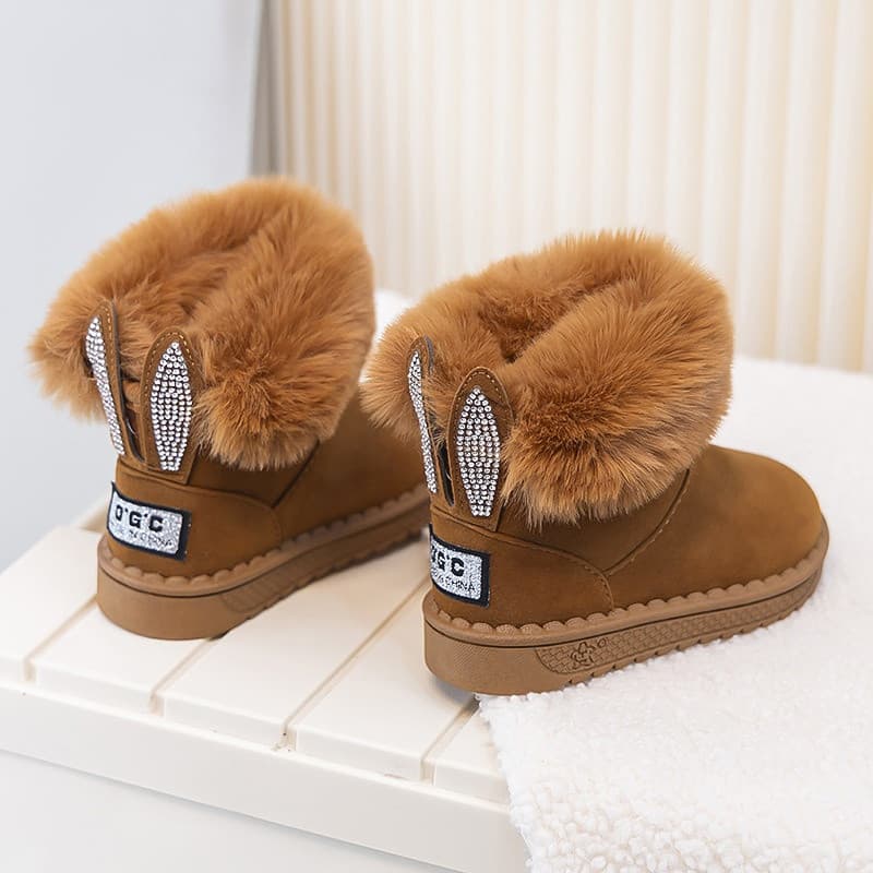 Inverno Crianças Sapatos De Neve Quentes Engrossar Botas Meninas Orelhas De Coelho Strass Curtas