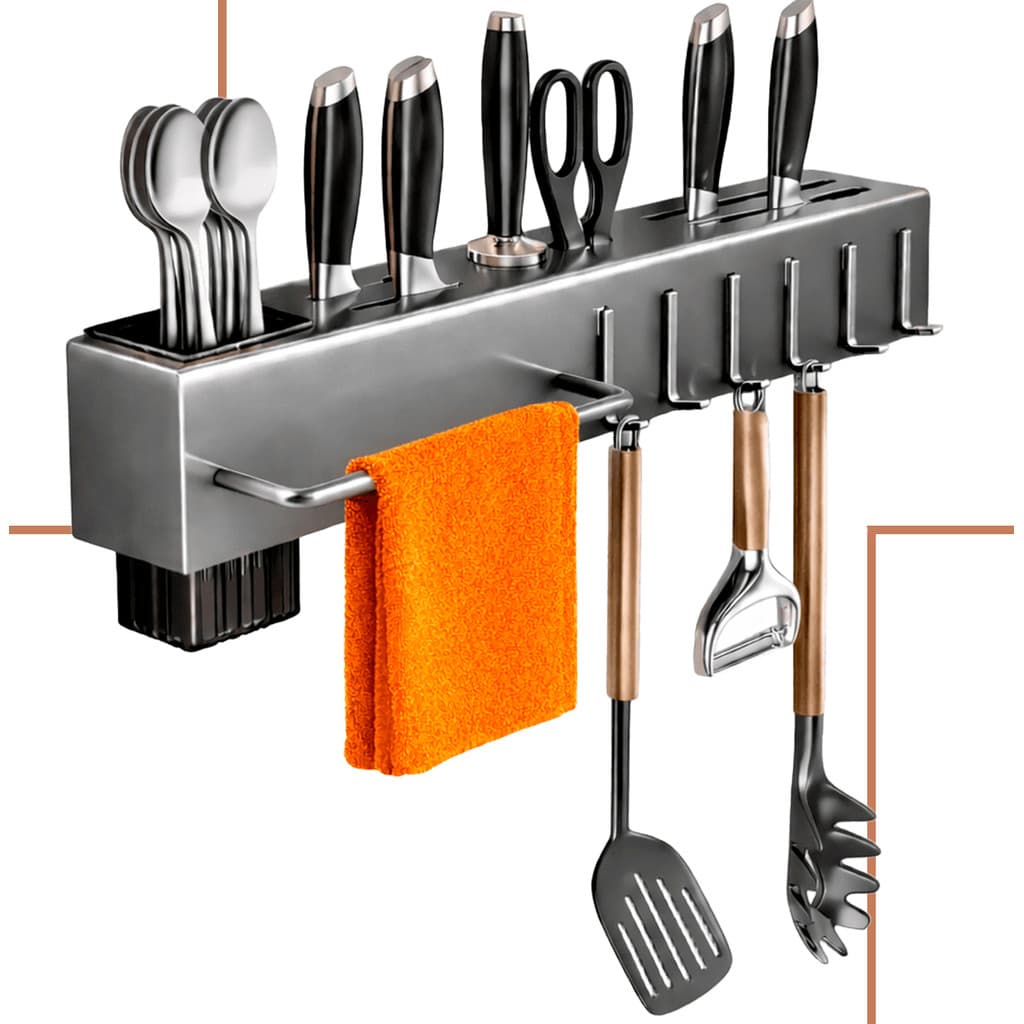 Suporte Utensílios Cozinha Parede 40cm Aço 6 Ganchos Porta Talher Organizador Facas Multifuncional