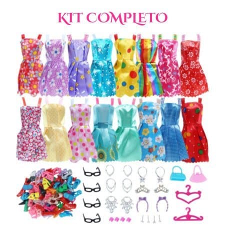 Kit Completo 42 Peças e Roupas Para Boneca – Vestidos, Sapatos e Acessórios | Presente Infantil