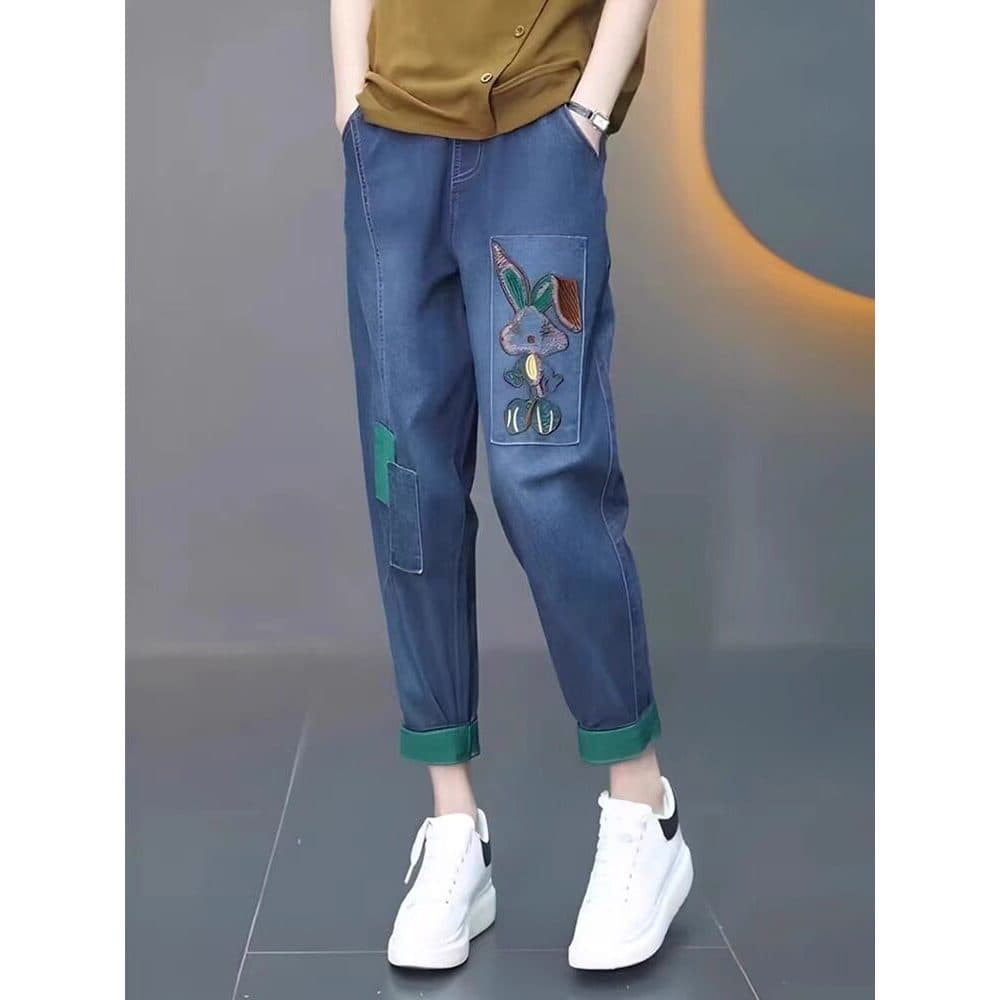 Calças femininas ligeiramente gordas cintura elástica solta Harem calças femininas cenoura pai Jeans tornozelo comprimen