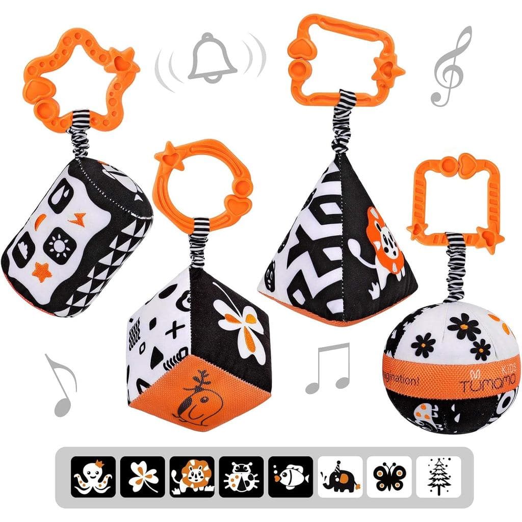 Conjuntos de Formas de Alto Contraste TUMAMA, Brinquedos para Bebês, Brinquedo de Carrinho Preto e Branco para Cadeira d