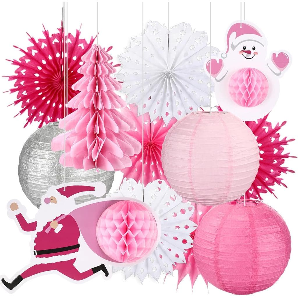 Conjunto de 12 Peças de Decorações de Natal Rosa para Pendurar no Teto: Árvore de Natal, Papai Noel, Boneco de Neve, Bol