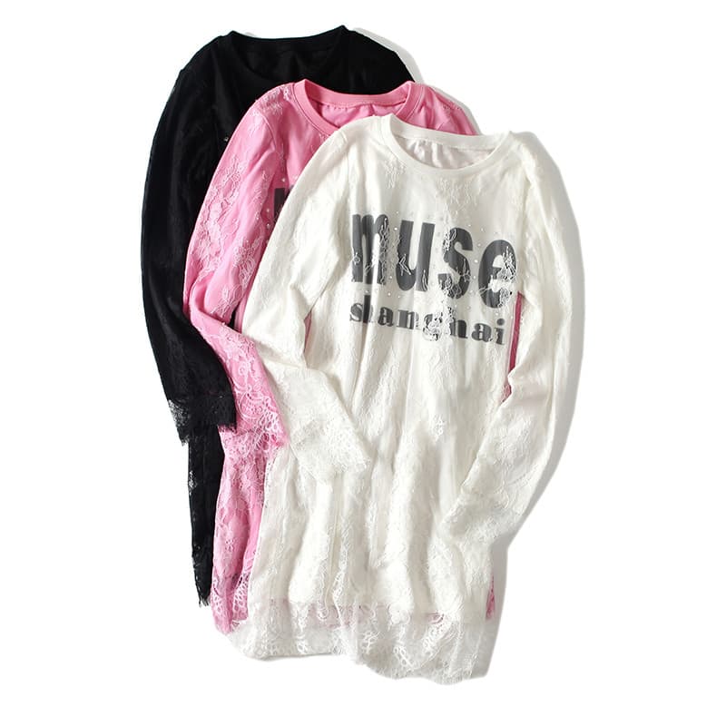 Irmã Youpin primavera verão estilo feminino novo estilo Preppy carta impressão renda costura de manga curta camiseta fem