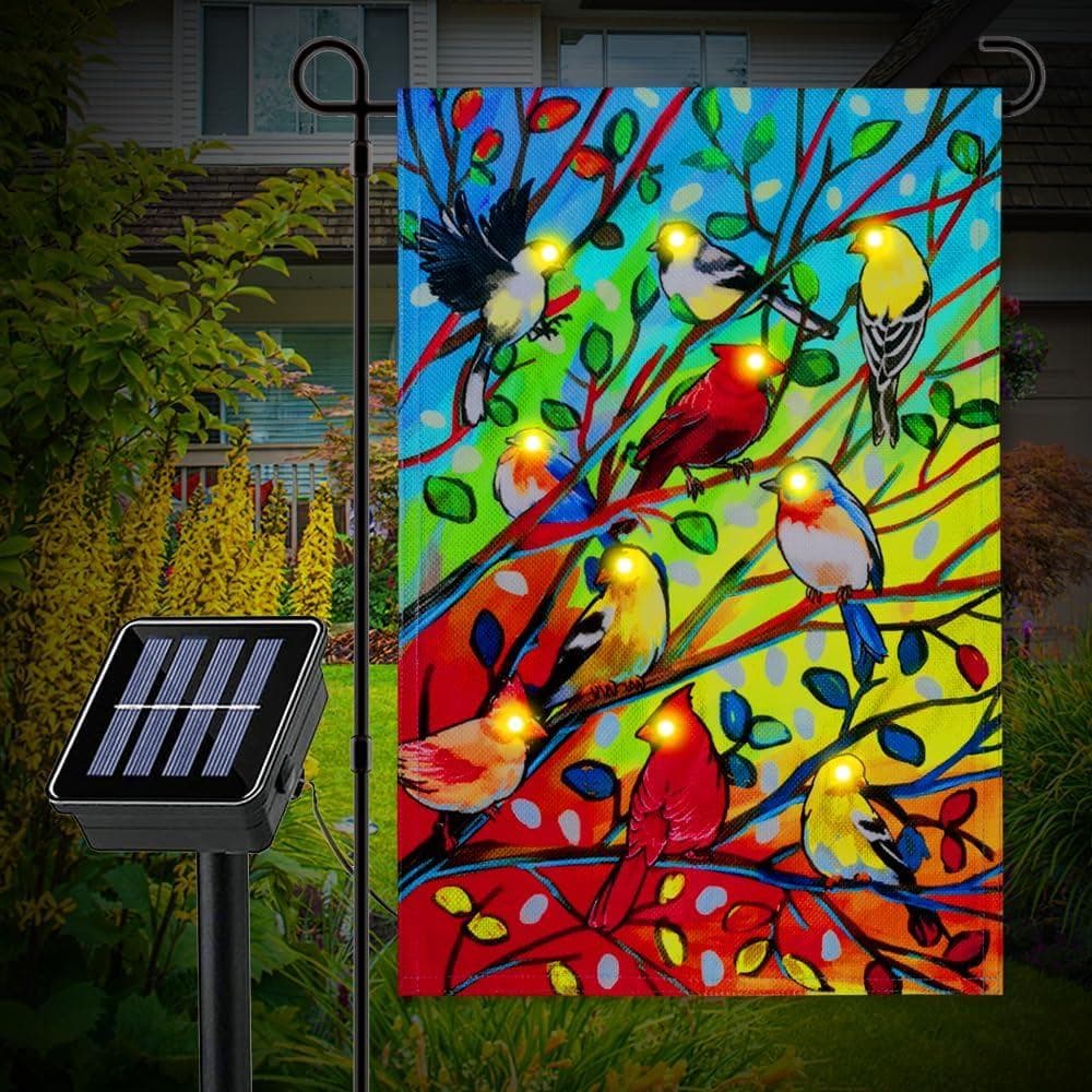 Bandeiras de Jardim com Pássaros e Árvores Iluminadas 12x18, Dupla Face, LED Solar Piscante, para Decoração de Jardim, P