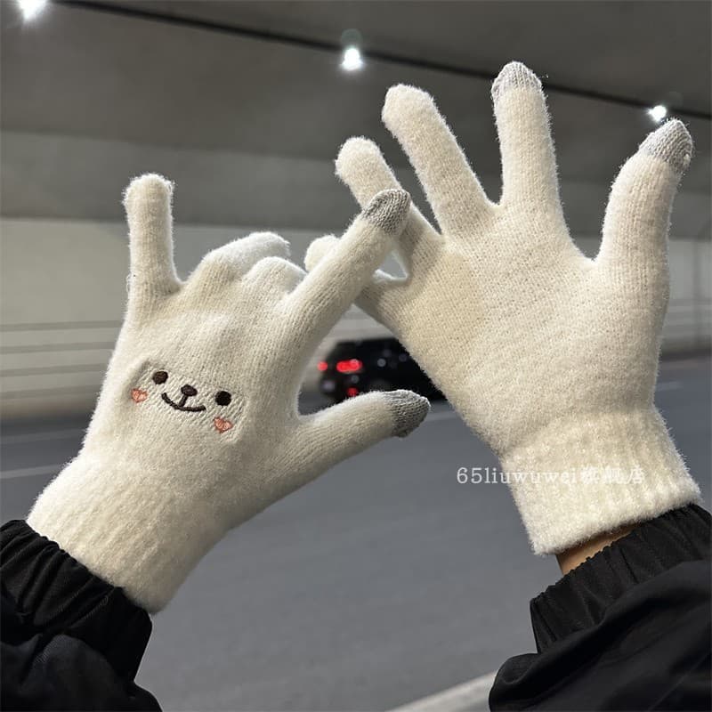 Luvas de urso de desenho animado, luvas quentes de inverno para estudantes, versão coreana, forro de lã feminino fofo, c