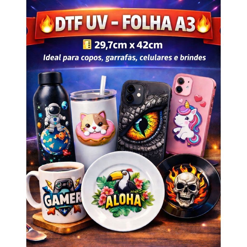 Adesivo DTF UV Personalizado A3 (29,7x42cm) | Para Copos, Canecas, Vidro, Plástico e Metal |