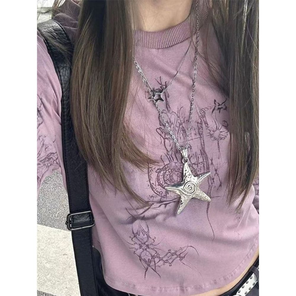 Novo estilo cultura asiática nicho Millennium quente menina de manga comprida camiseta feminina High Street magro curto