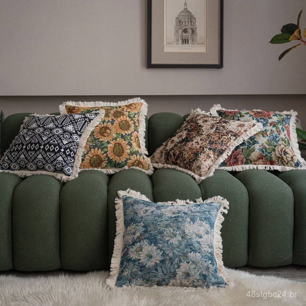 Almofada decorativa estilo americano para sofá de sala de estar, capa de almofada quadrada, almofada lombar com estampa