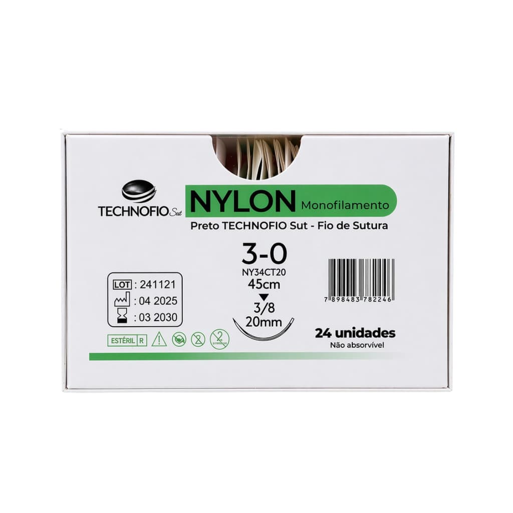 Fio de Sutura Nylon 3-0 45cm Agulha 20mm 3/8 Não Absorvivel Estéril Technofio Caixa 24 Unidades