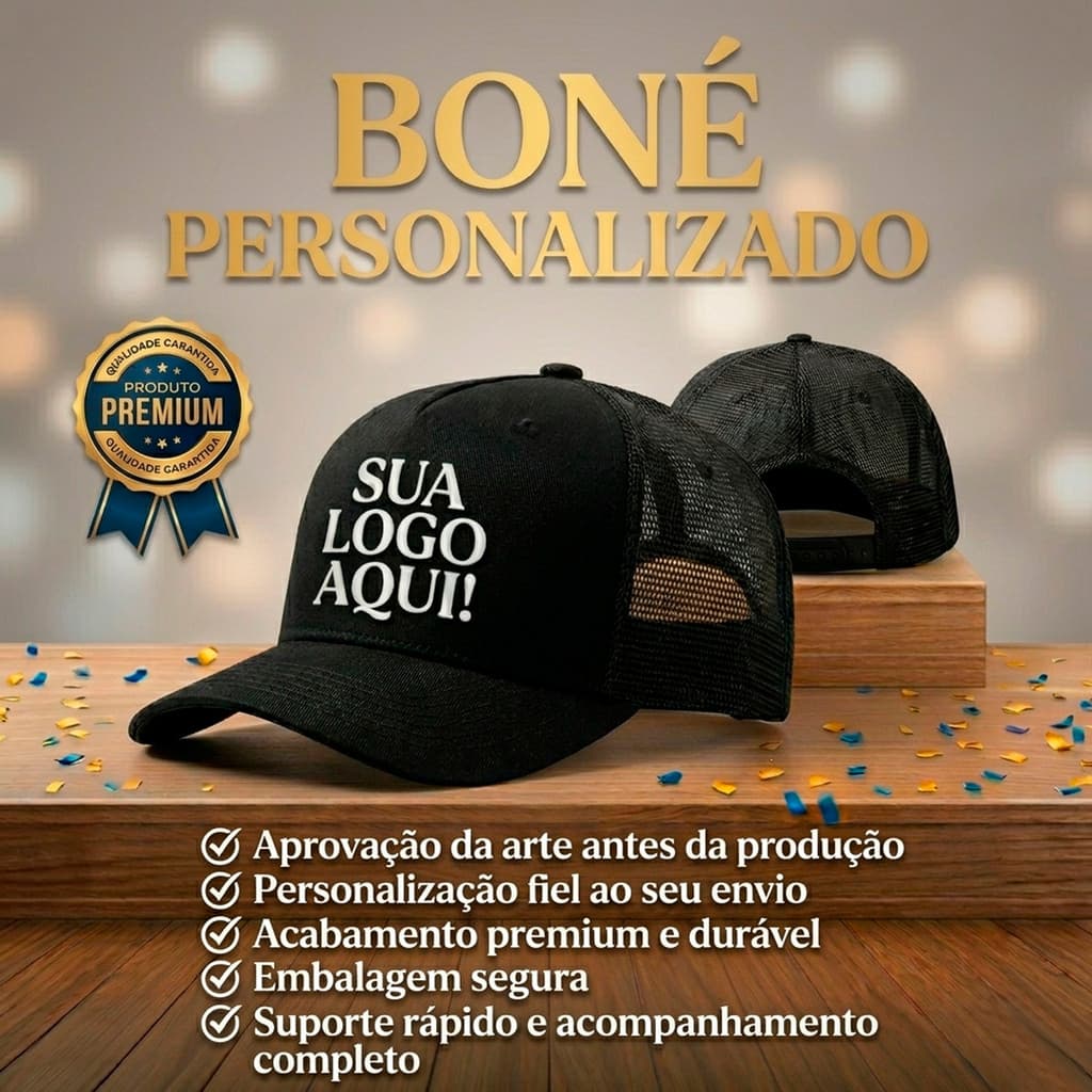 Boné Personalizado Unissex Trucker Tela – Logo, Nome, fotos ou Frase ideal para empresa