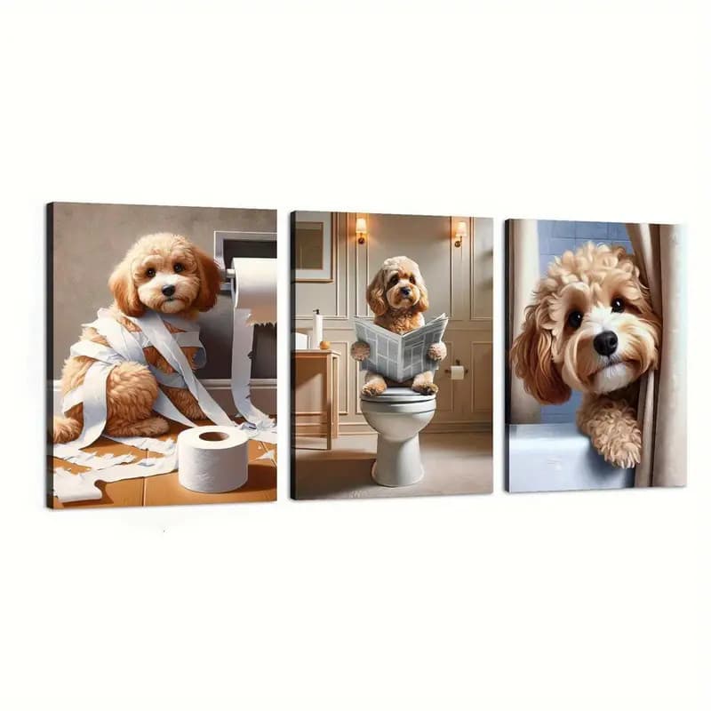 Kit 3 Quadros Decorativos Divertidos de Cachorro no Banheiro – Arte Criativa para Sala ou Lavabo