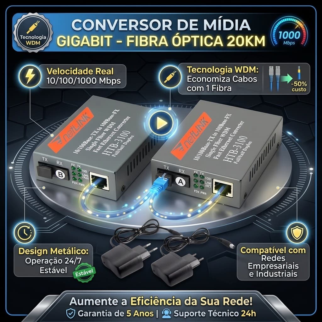 Par Conversor De Mídia Gigabit 10/100/1000 Mbps Fibra Óptica WDM Par A/B SC Single Mode 20km Com Fonte Bivolt