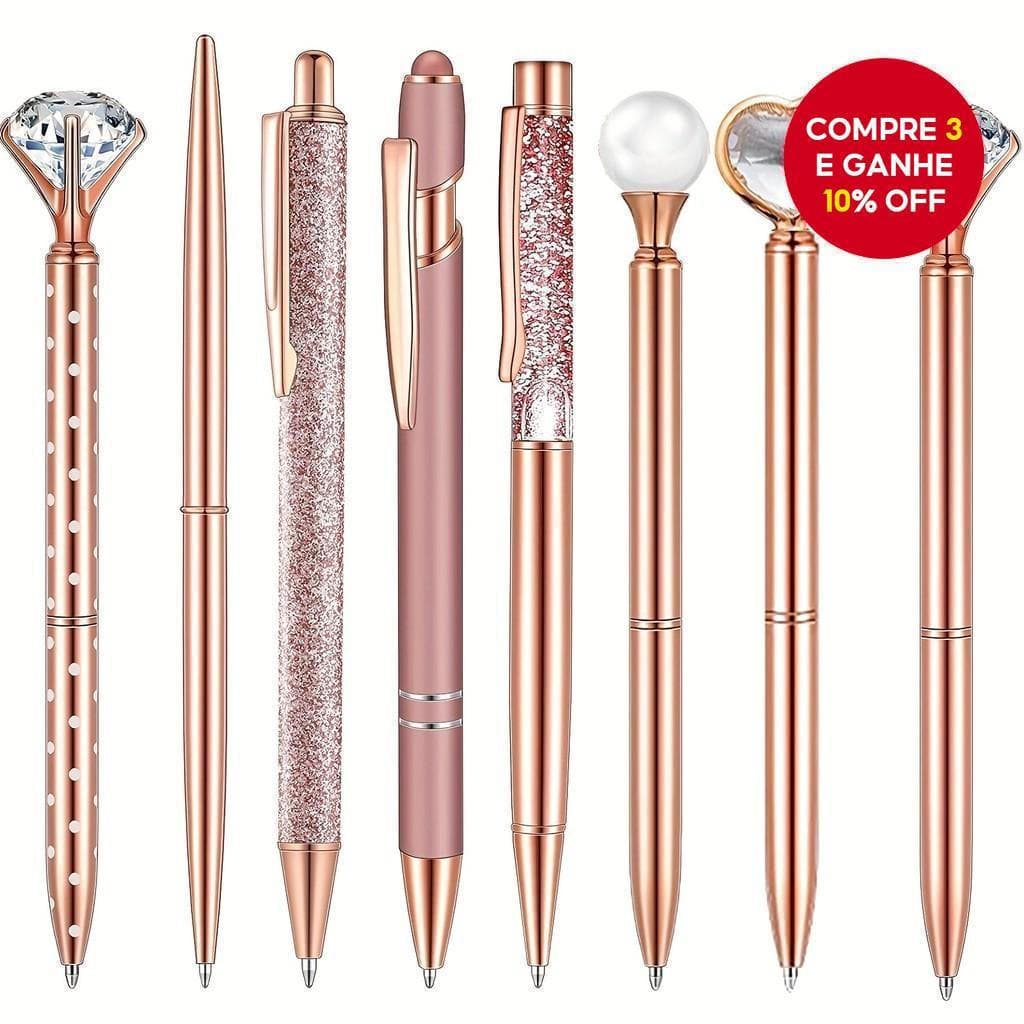 Conjunto De Canetas Esferográficas Com Glitter Em Ouro Rosa-Design De Cristal De Metal Areia Líquida Tinta Preta (Presen
