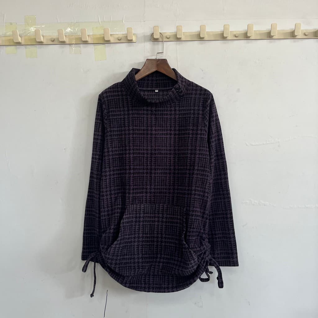 Retro Houndstooth meia gola alta de manga comprida topo feminino velo quente cordão bolso Casual camiseta camisa de fund