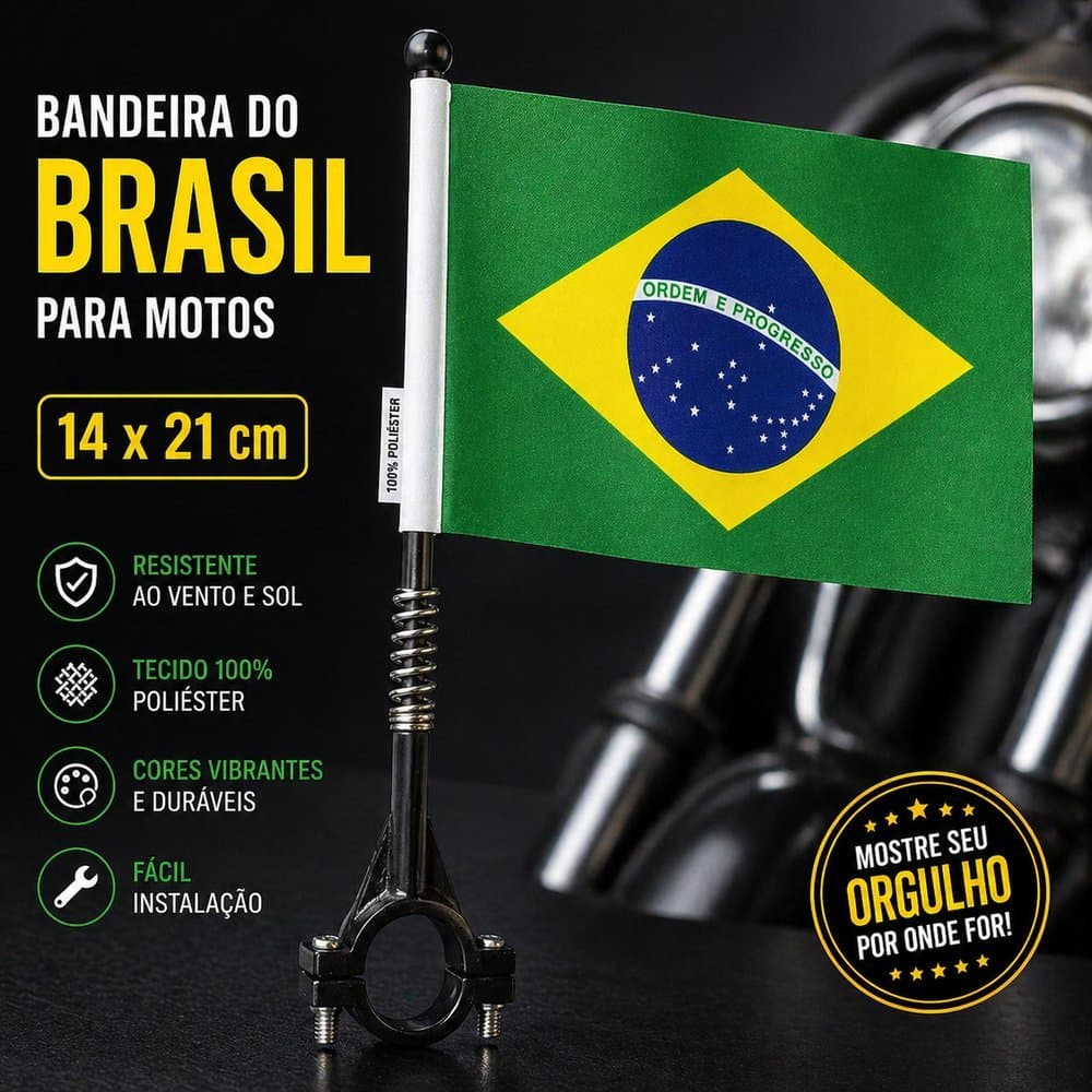 Bandeira do Brasil para Moto com Suporte e Mola 14x21 cm Resistente, Copa 2026 Fixação Guidão Moto Bandeirinha Brasil