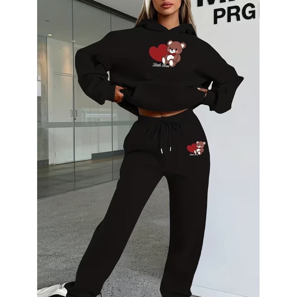 Conjunto Moletom Canguru Feminino Little Bear Blusa De Frio + Calça Moletom Estampados Unissex Outono/Inverno