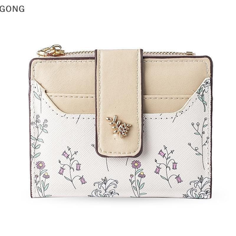 [BI] Carteira Curta Fina De Couro PU Com Vários Cartões E Zíper Bolsa De Moedas Pequenas Flores Impressas Cartão Para Mu