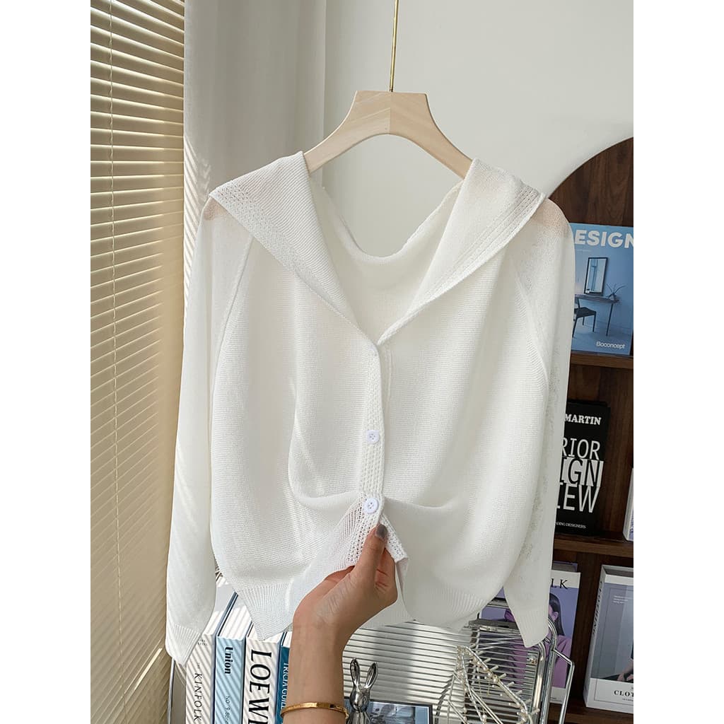 Malhas de seda gelo Cardigan feminino solto xale protetor solar blusa pequena fina branca com capuz jaqueta feminina top
