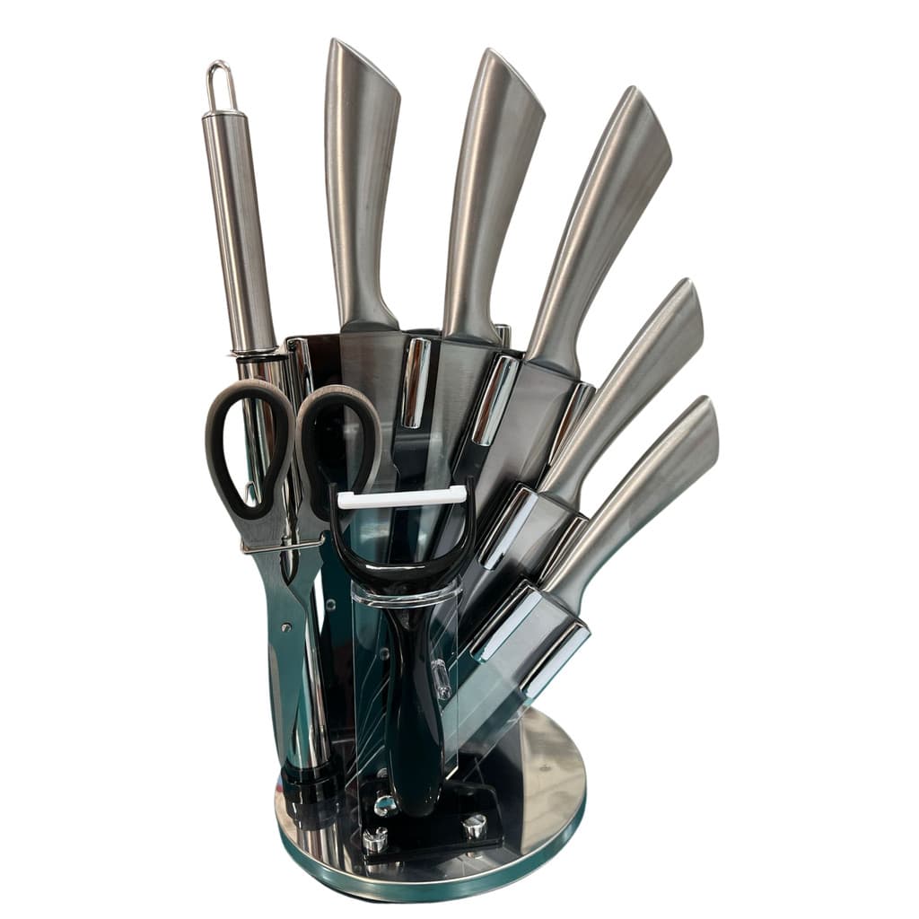CONJUNTO DE FACAS 9 PEÇAS COM SUPORTE GIRATÓRIO - AÇO INOXIDÁVEL DE ALTA QUALIDADE