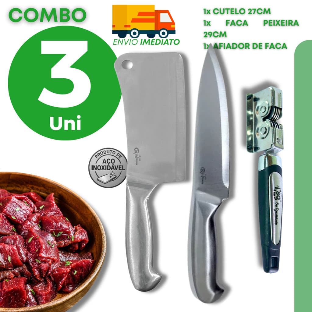 Jogo Cutelo Faca Peixeira e Afiador de Facas Aço Inox para Cortar Carne Filetar Peixe Açougue