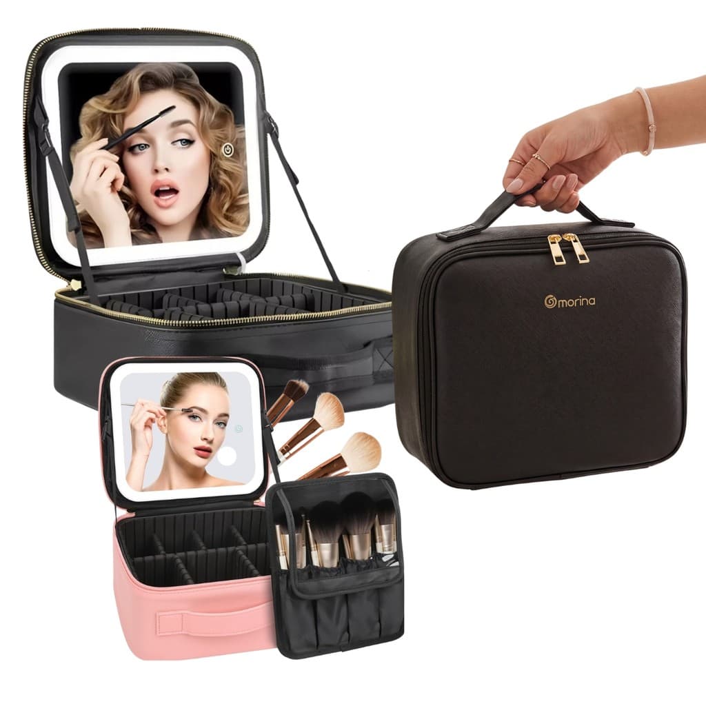 Bolsa de Cosméticos Portátil Necessaire de Maquiagem Com Espelho e Iluminação Led Recarregável USB-C Ajustável
